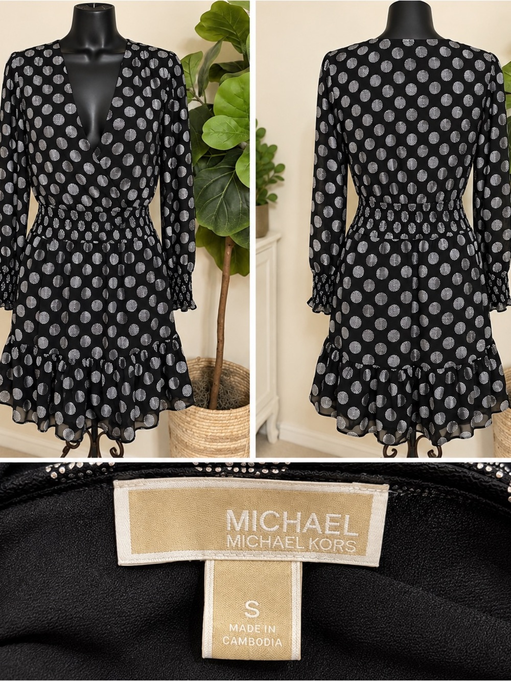 MICHAEL Michael Kors Black Dress with Silver Polka Dots - Long Sleeve